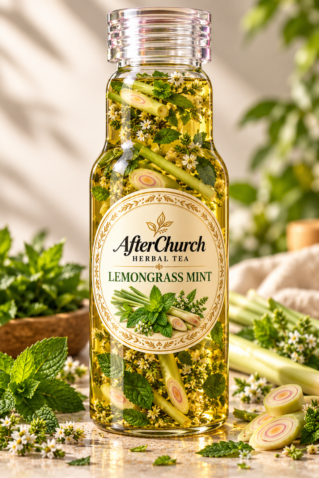 AfterChurch Lemongrass Mint Herbal Tea.