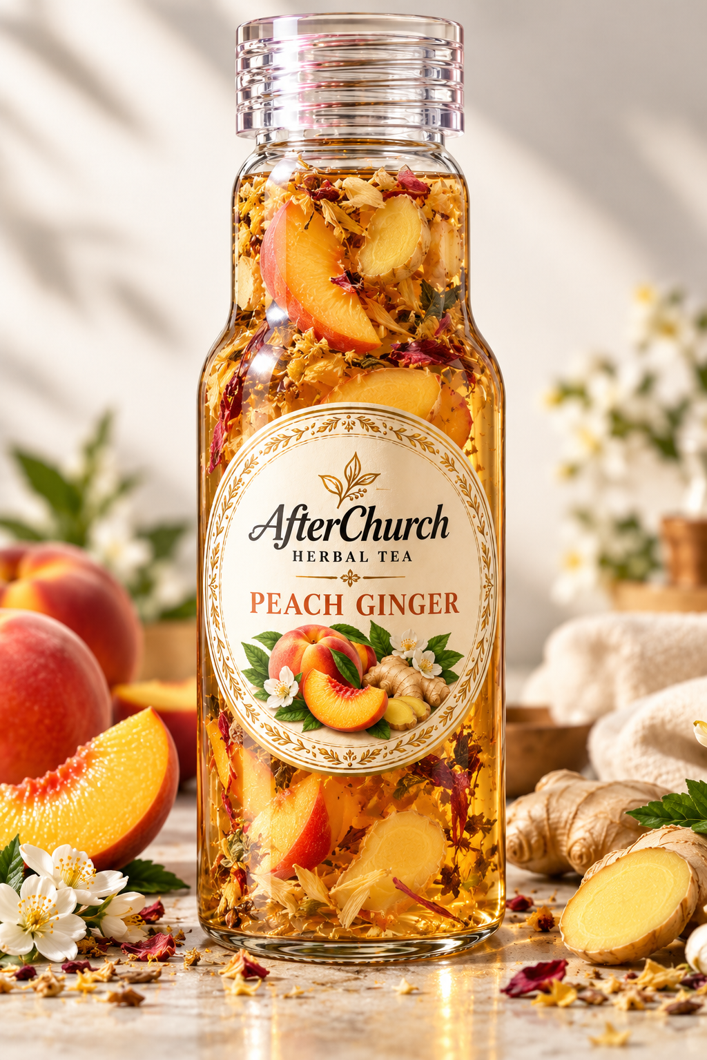 AfterChurch Peach Ginger Herbal Tea.